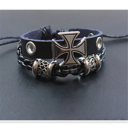 Black German Iron Cross Bracelet – Prussian-Style Alloy & Fabric Wrap Bracelet for Men