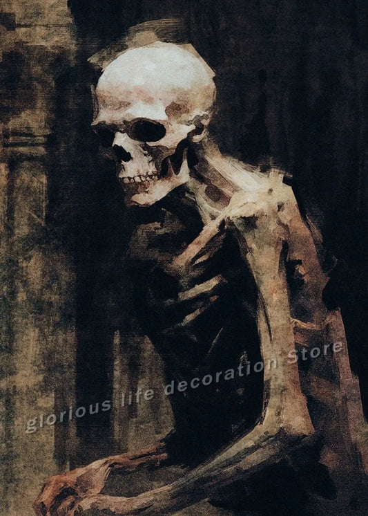 Vintage Gothic Horror Canvas Poster – Demon Goat, Skeleton Bride & Skull Art