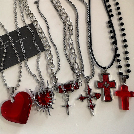 Gothic Red Heart Thorns Cross Chains Necklace – Hip-Hop Grunge Punk Y2K Jewelry for Women & Men