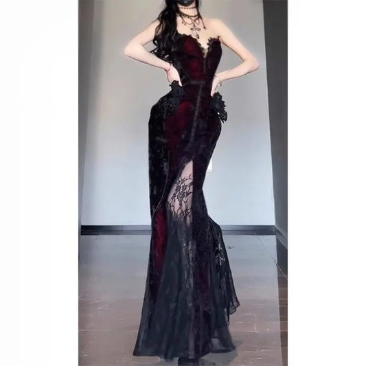 Summer Gothic Grunge Y2K Lace Dress – Dark Academia Korean Style Prom & Party Wear