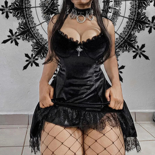 Women’s Vintage Gothic Velvet Bodycon Dress – Ruffle, Lace & Bowknot Y2K Chic Style