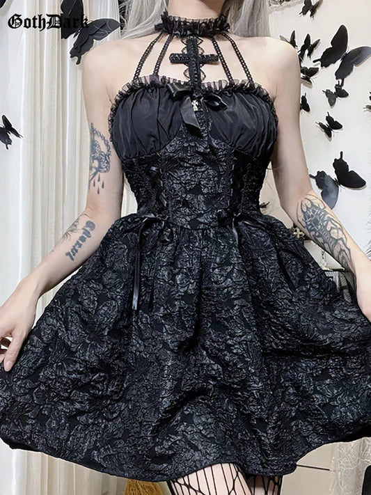 Goth Dark Mall Gothic Emo Jacquard A-Line Dress – Elegant Grunge Punk Black Partywear for Women