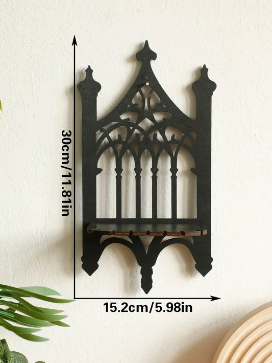 Black Gothic Wooden Shelf – Vintage Wall Hanging Fence-Style Decor