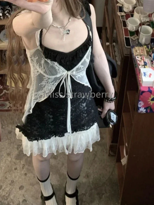 Aesthetic Vintage Lace Slim Dress – Gothic Y2K Off-Shoulder Lace-Up Sling Dress for Women