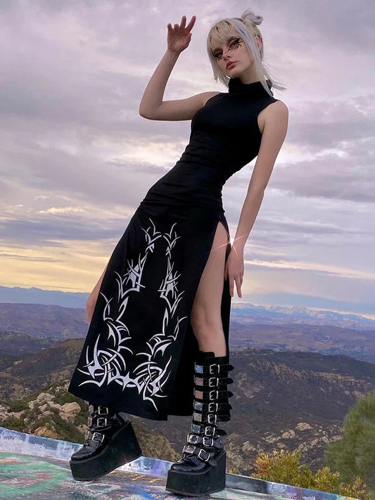 SUCHCUTE Gothic Print Midi Dress for Women – Summer Turtleneck Dark Academia Harajuku Sleeveless Dress