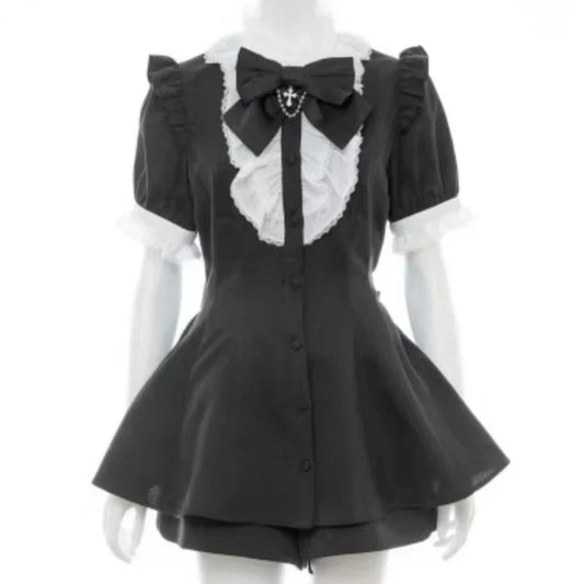 Japanese Style Gothic Y2K Lolita Plaid Rhinestone Bow Dress &amp; Shorts Set – Sweet Women’s Puff Short Sleeve Button Shirt Party Dress