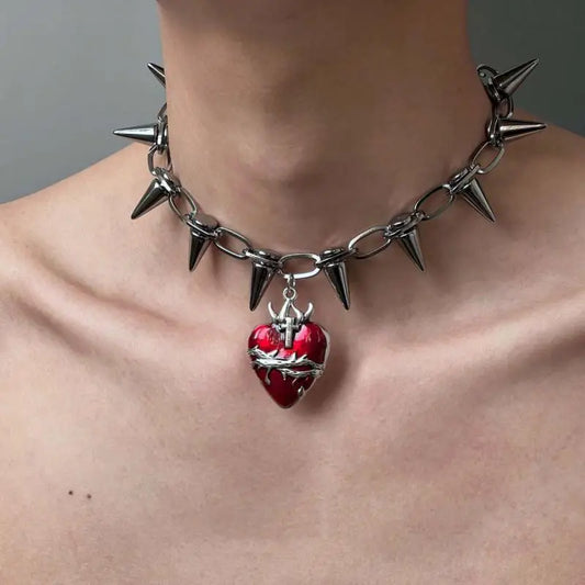 Punk Gothic Thorn Red Heart Pendant Necklace – Y2K Hip-Hop Choker for Men & Women