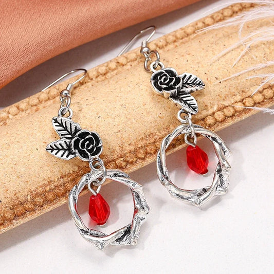 Gothic Rose and Black Crystal Earrings – Romantic Dark Witch Vintage Jewelry for Women