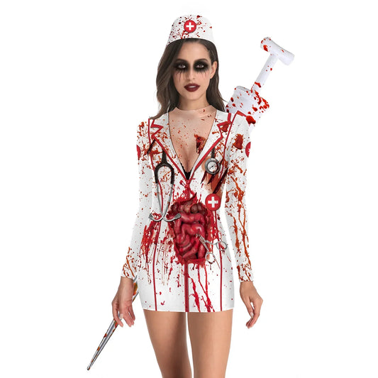 Halloween Horror Blood Nurse Uniform Cosplay Costume – Women & Girls Dress with Printing, Stockings & Skirt