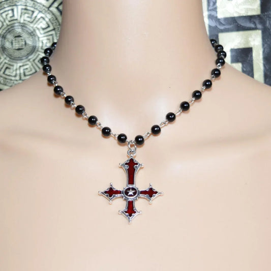 Pentagram Cross Necklace – Gothic Retro Pagan Velvet Choker with Carved Inverted Cross