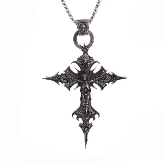 Vintage Gothic Skull Jesus Cross Pendant Necklace – Punk Catholic Amulet for Men
