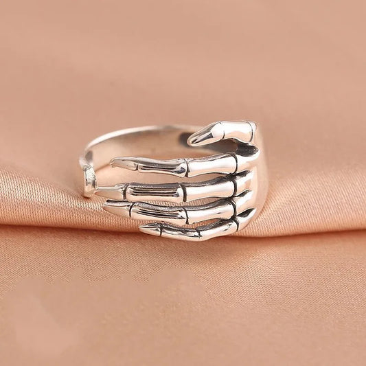 925 Sterling Silver Skeletal Hand Open Ring – Luxury Gothic Jewelry for Women