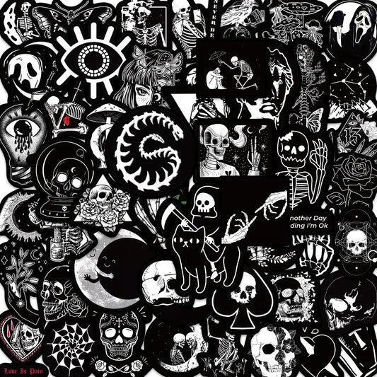 50PCS Black & White Gothic Graffiti Stickers – Skull & Dark Art Decals for DIY, Motorcycle, Laptop, Phone, Helmet & More