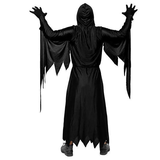 Halloween Grim Reaper Horror Costume – Black Hooded Spooky Ghost Robe with Mask & Scythe Prop