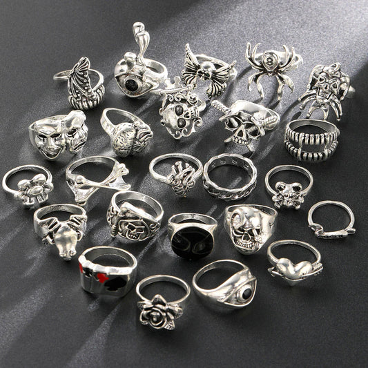 24 Pcs Gothic Skeleton Unisex Ring Set – Punk Grunge Butterfly & Frog Design for Men & Women