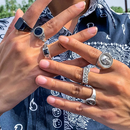 6-Piece Gothic Vintage Skull Ring Set – Antique Silver Punk Knuckle Jewelry