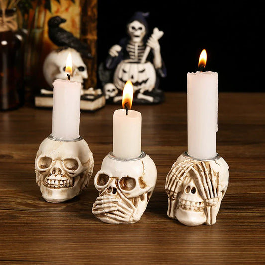 Halloween Skull Candle Holders – Resin Gothic Skeleton Candlestick Decor