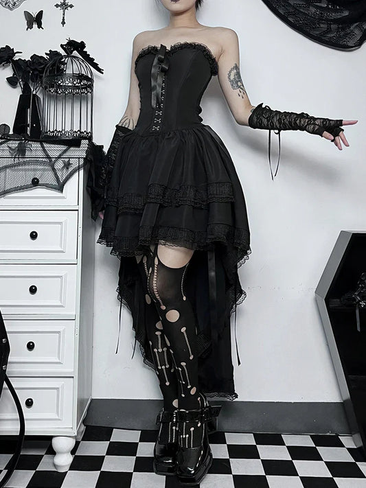 AltGoth Gothic Dark Halloween Black Dress – Women’s Palace Style Lace Patchwork Corset Dress