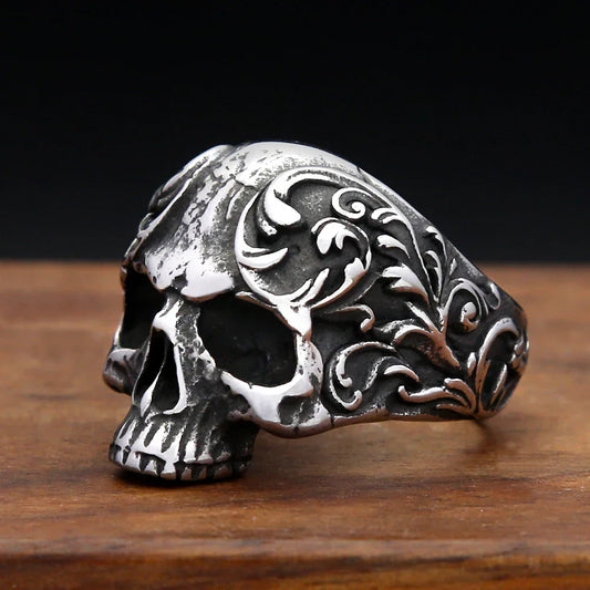 Vintage Fashion Flower Skull Ring for Men &amp; Women – Stainless Steel Punk Biker Jewelry