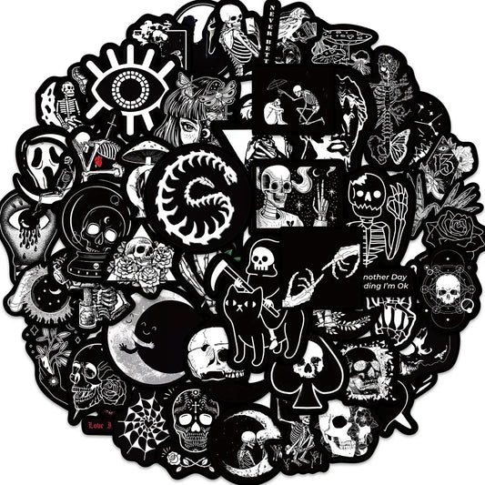 50PCS Black & White Gothic Graffiti Stickers – Skull & Dark Art Decals for DIY, Motorcycle, Laptop, Phone, Helmet & More