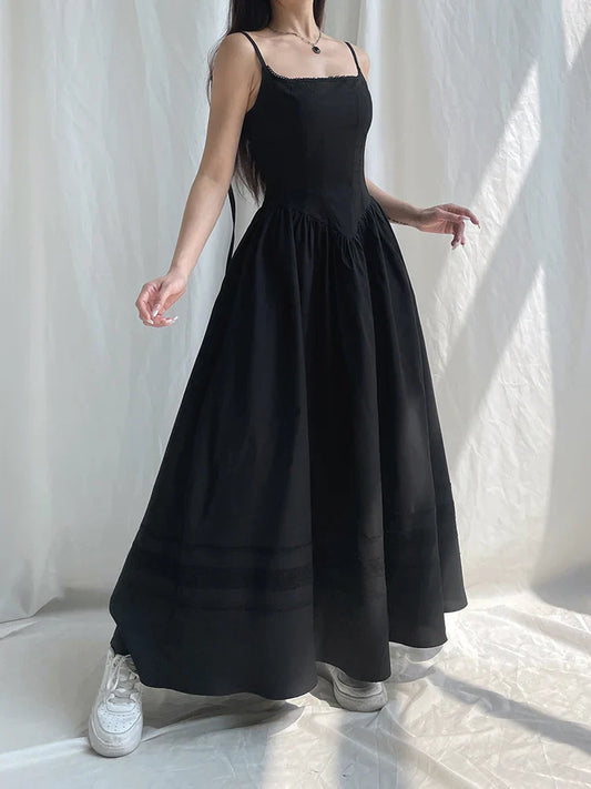 Darlingaga Gothic Grunge Corset Strap Long Dress – Summer Lace Patchwork Dark Academia Maxi Dress