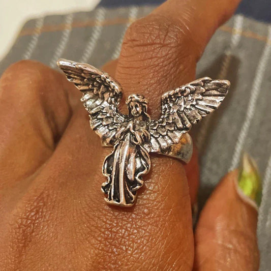 Gothic Vintage Distressed Angel Ring – Ancient Silver Punk Couple Jewelry