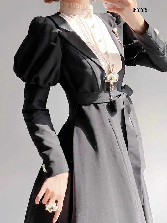 Coalfell Vintage Gothic Black Lolita Dress – Slim Fit, Long Sleeves, Puffy Large Hem, Autumn Elegance