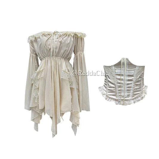 REDDACHiC Irregular Ruffle Ribbon Mini Chiffon Dress – Victorian Lace & Satin Waist Trainer