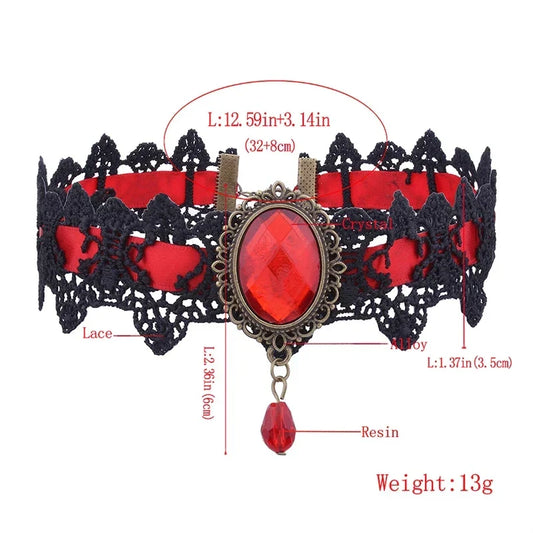 Gothic Sparkling Gemstone Choker – Retro Punk Lace Necklace for Halloween & Vampire Aesthetic
