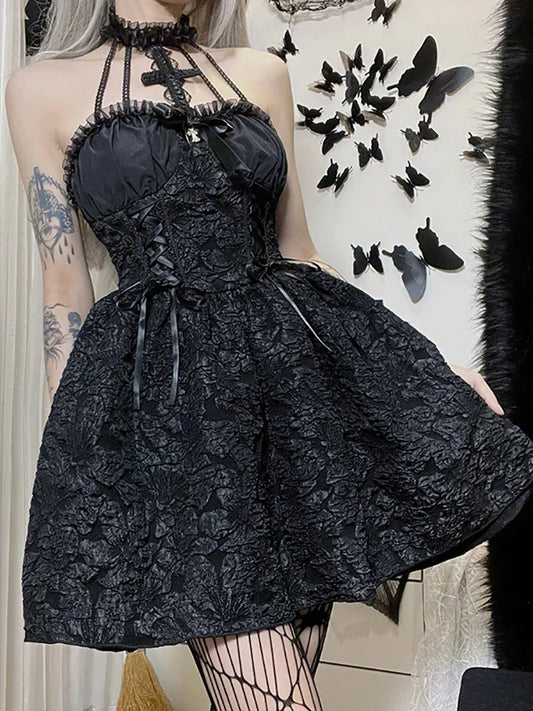 Goth Dark Mall Gothic Emo Jacquard A-Line Dress – Elegant Grunge Punk Black Partywear for Women