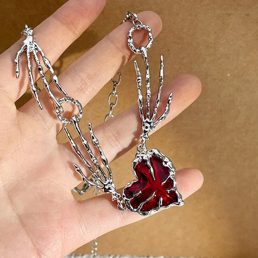 Gothic Skull Claw Heart Necklace – Trendy Red Crystal Thorn Choker for Women